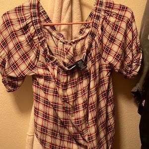 Off the shoulder red white and black checkered top